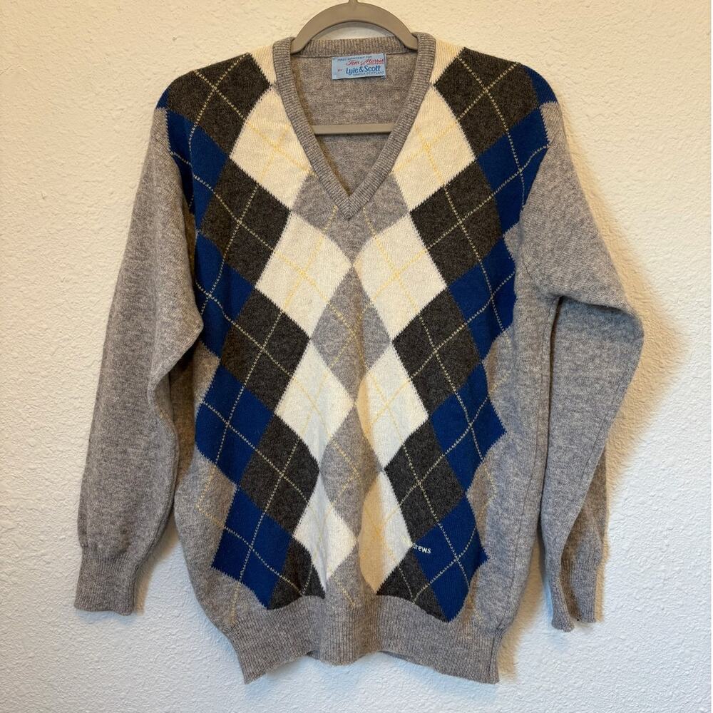 Vintage Wool Argyle Men's Sweater Size Large Gray Blue St. Andrews Scotland
